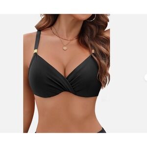 AQUA EVE Women Bikini Top Swimsuit Top Padded Bra Bathing Suit Black Gold Sz S